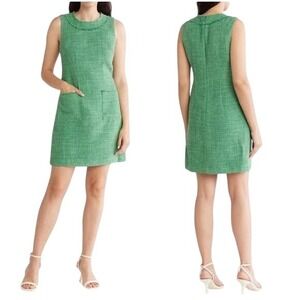 Eliza J Green Tweed Sheath Dress Fringe Neck Sleeveless Size 2 Preppy Classic